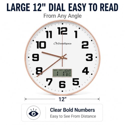 Image of Cloud Space 12 inch Silent Wall Clock Battery Operated, Non Ticking Modern Wall Clock with LCD Calendar & Fahrenheit Temperature Display, Easy-to-Read Kitchen Bedroom Office Living Room Wall Clock