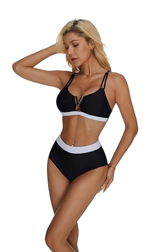 RXRXCOCO V-Wire Cutout High Waisted Bikini Sets for Women Double Straps Color Block Swimsuits Two Piece Bathing Suits3