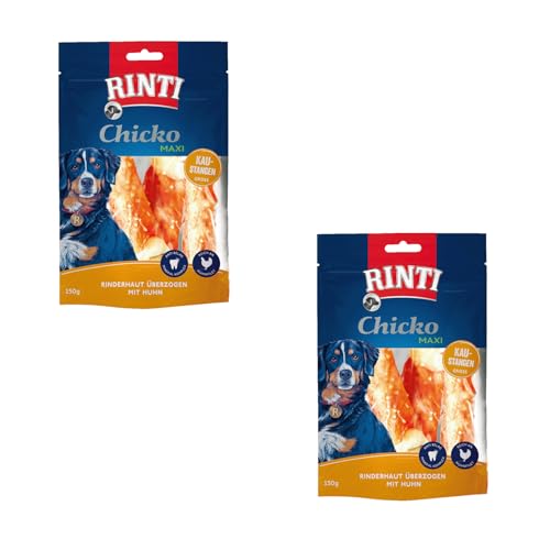 Rinti Chicko Maxi Kaustangen Huhn | Doppelpack | 2 x 150 g | Aus bissfester Rinderhaut mit Hühnerfleisch überzogen | Putzkörperchen auf Mineralstoffbasis | Wiederverschließbar