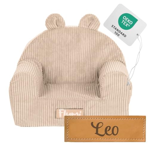 Flumi Fauteuil pour Enfant Personnalisé Mini Fauteuil pour Bébé Siège pour Chambre d'enfant Salle de Jeux avec Gravure du Nom de l'enfant (côtelé Beige)