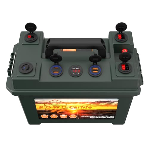 POWO Carlife Battery Box for 30Ah/20Ah/10Ah Waterproof Battery Box with Anderson Plug and Dual QC3.0 12V Marine Case 30Amp Connectors for Lifepo4 RV Camping Boat Trailers Hunting