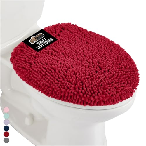 Image of Gorilla Grip Original Shag Chenille Bathroom Toilet Lid Cover, 19.5 x 18.5 Inches Large Size, Machine Washable, Ultra Soft Plush Fabric Covers, Fits Most Size Toilet Lids for Bathroom, Red