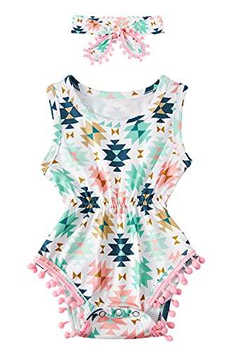 Image of UNICOMIDEA Light Green Outfit For Newborn Girl 3D Cube Onesie Casual Summer Baby Clothes With Headband Comfy Sleeveless White Romper For 3-6 Months Girls