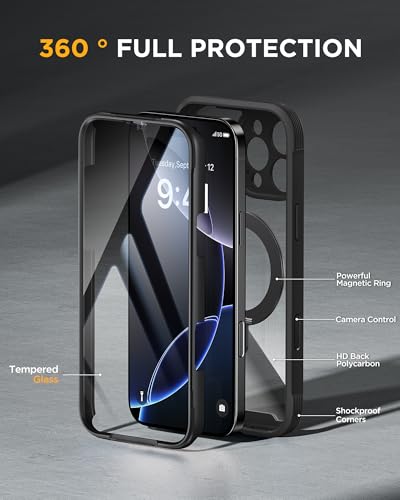 Image of Miracase for iPhone 16 Pro Max Case with 360 Magnetic Ring Stand [Compatible with Magsafe] Full-Body Drop Proof Bumper Phone Case with Built-in 9H Tempered Glass Screen Protector,Black
