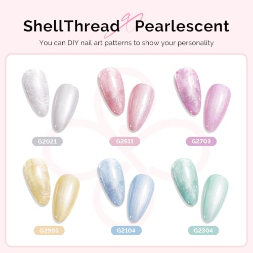 Image of MelodySusie Pearl Gel Nail Polish Set, 6 Colors Pastel Macaron White Green Pink Purple Blue Yellow Iridescent Drawing Glitter Gel Polish Soak Off Swirl Shell Thread Effect Nail Art Gifts for Women