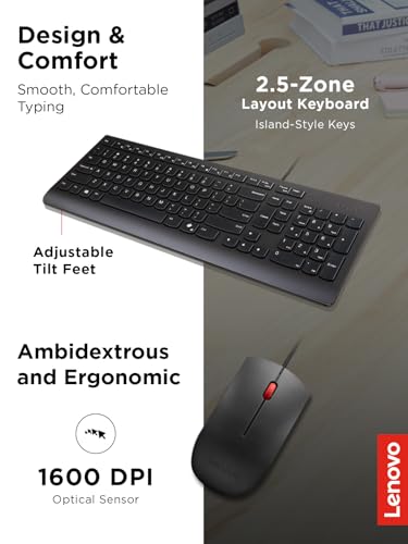 Image of Lenovo Essential Wired Keyboard & Mouse Combo - US English, Adjustable Feet, Spill Resistant Keys, Full Size Ambidextrous Optical Mouse, 1600 DPI, Black