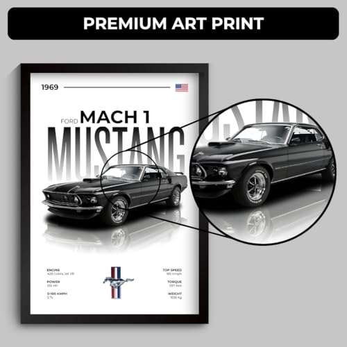 Image of Mustang Poster | Framed 1969 Mustang A4 Sized (31 x 23 cm) | Muscle Poster for Wall, Gift for Boys, American Muscle Car Frames | Car Posters for Wall, Bedroom, Hostel, Study Area, Hostel (F 019)