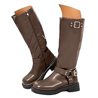 Women's Knee High Boots Faux Leather with Buckle Straps & Side Zip, Platform Block Heel Gothic Punk Combat Boots for Women, Autumn Winter Casual Party Daily Footwear - Black (UK Sizing)