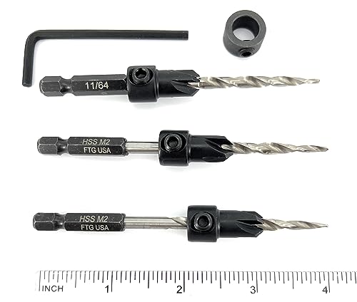 Image of FTG USA #8(11 /64 inch) Wood Countersink Drill Bit 3-Pc Set with 3 /8 inch Depth Stop