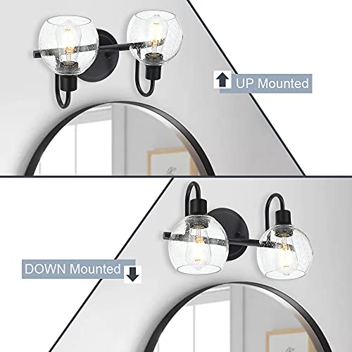 Image of Black 2-Lights Wall Sconce Lighting with Seeded Glass Lampshades Industrial Bathroom Vanity Light Fixtures for Hallway Kitchen Bedroom