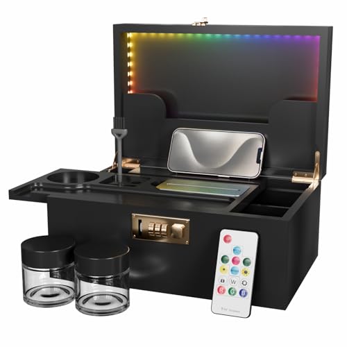 Usoway Bamboo Storage Box With Colored LED Lights - 358 Kinds Cool Light Effects, Premium Decorative Wooden Box With Combination Lock, Storage Box Set With Sliding Tray and Accessories (Black)