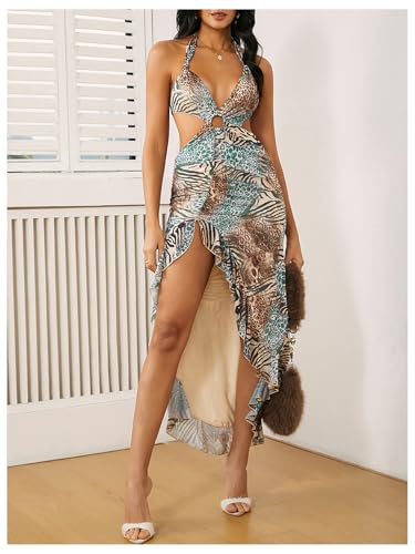 Image of WDIRARA Women's Halter Cut Out Dress Floral Cheetah Print Asymmetrical Hem Sexy High Slit Mesh Ruffle Dresses