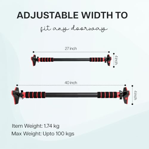 Image of SKYCELL Door Pull Up Bar For Home Workout Wall Mounted Pull Up Doorway Bar for Men, Women & Kids Without Screw Doorway Hanging Rod 27-40 inches | Weight upto 200 Kg (Black Red)