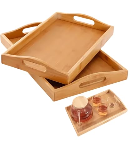 Kit Bandejas de Bambu Decorativas com Alça, 2 Peças, 36x25x5cm e 40x29x5cm, Cor Natural - Para Servir, Decorar, Elegantes - Casa (36x25x5cm / 40x29x5cm)