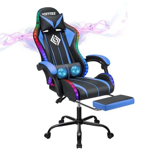HOFFREE RGB Gaming Chair with Speakers Massage Computer Gaming Chair with LED Lights and Footrest High Back Video Game Chair for Adults Blue and Black