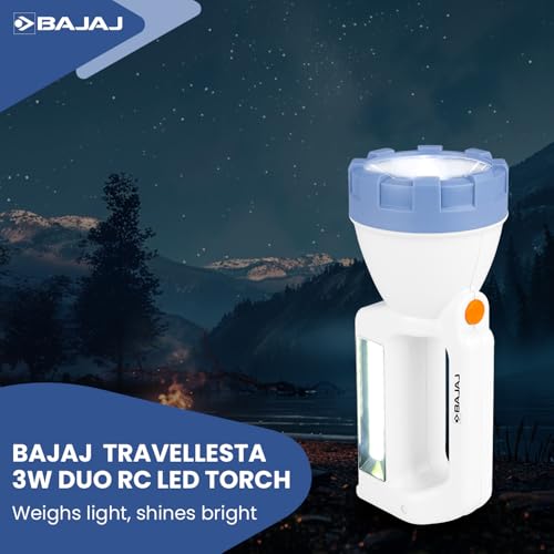 Image of Bajaj Travellesta 3W Duo RC LED Torch | Dual Lighting Mode | USB C-Type Charging | 6 Months - Warranty (Pack of 1, White and Blue)