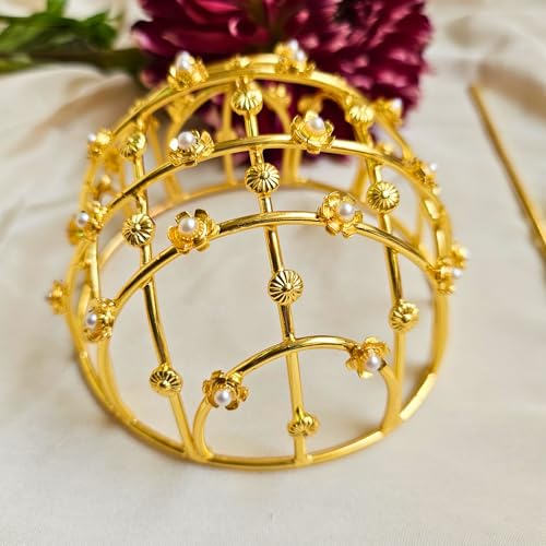 Image of Hair Bun Cage Accessory for Women | Handcrafted Brass Juda Cover with Stick | Anti-Tarnish Traditional Hair Accessory for Wedding & Festive (Pear Flower Hair Bun (Golden))