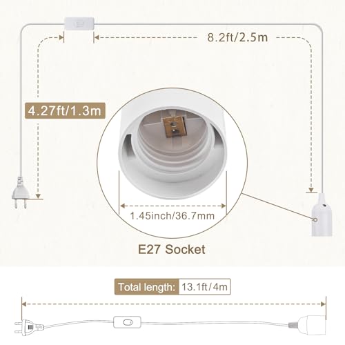Support de lampe suspendue E27 avec fil de 4M, câble blanc avec interrupteur pour plafonnier
