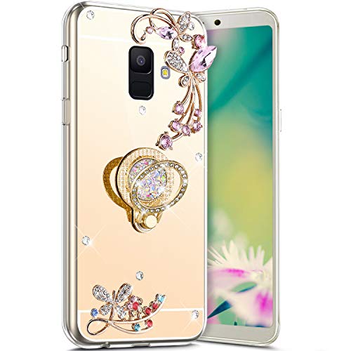 Robinsoni Case Compatible with Samsung Galaxy A6 2018 Phone Case Silicone TPU Cover Galaxy A6 2018 Flexible Case 360 Degree Rotation Ring Case Kickstand Cover Sparkle Bling Cove Gold
