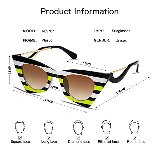 Vanlinker Trendy Polygon Cateye Sunglasses For Women Funny Novelty Party Cute Eyewear Fashion Y2K Festival Decor Vl9707 Yellow Stripe Frame Brown Lenses #TOP3