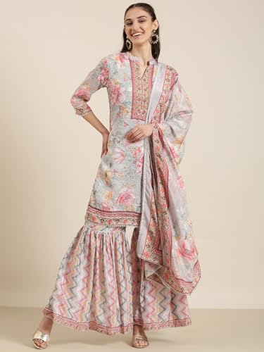 Image of SHOWOFFFF Women Printed Three-Piece Straight Ethnic Kurta Set | Mandarin Collar 3 /4th Sleeves Crepe Kurta Set's for Womens | Mid-Rise Regular Fit Above Knee Kurta Set for Women's