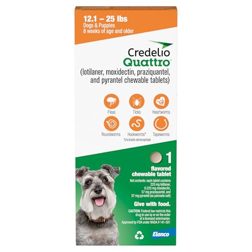 Credelio Quattro Dog Flea & Tick Treatment + Heartworm & Parasite Protection, 12.1-25 lbs (1 Chewable Tablet)