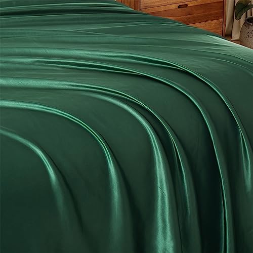 Image of Ersmak Satin Flat Sheet Only, Single Flat Sheet King, Luxury & Ultra Soft Silky Bedding Top Sheet for King Mattress - Emerald Green