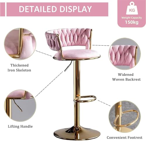 Butacos de Bar Ajustables con Espaldar y Reposapiés, Tapizados en Terciopelo, Patas y Base Metálicas Doradas, Silla Giratoria 360° para Comedor o Pub, Rosa miniatura 6