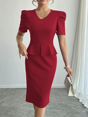 Mokayee Womens Summer Puff Sleeve V Neck Peplum Church Business Work Pencil Dresses3
