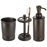 mDesign Steel Bath Accessory Set, Soap Dispenser Pump, Toothbrush Holder, Tumbler - 3 Pieces, Bronze