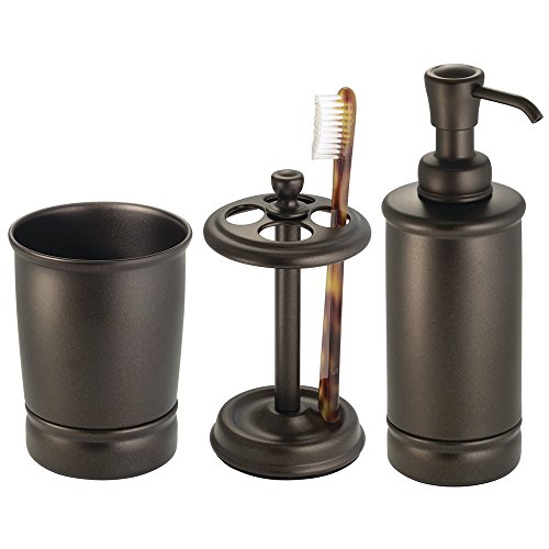 MetroDecor mDesign Steel Bath Accessory Set, Soap Dispenser Pump, Toothbrush Holder, Tumbler - 3 Pieces, Bronze