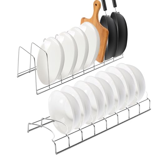 Houbobo Plate Rack for Cupboard, 2 Pack Bowl and Plate Organiser for Kitchen, Space-Saving Stainless Steel Dish Rack Holder for Pots & Pans, Baking Trays, Cutting Boards, 8 Compartments (Silver)