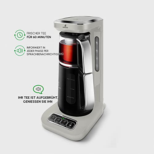 Karaca Çaysever Robotea Pro 4-in-1 Automatischer Glas-Teekocher, Wasserkocher & Kaffeemaschine 2500W mit Frischeanzeige, Babynahrungs-Wassererhitzungsfunktion und Sprachführung, Starlight