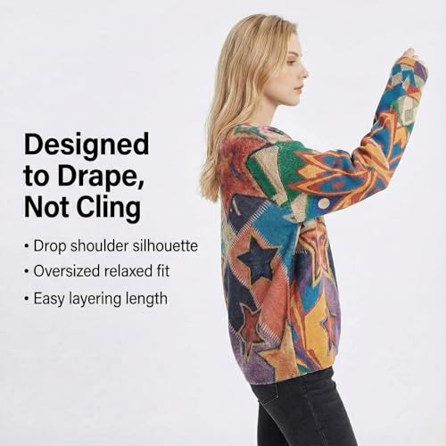 Women’s Boho Oversized Knit Sweater Pullover, Vintage Long Sleeve Casual Crew Neck Top