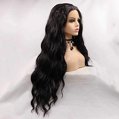 xiweiya 2# Black Wig Long Loose Wavy Natural Balck Lace Front Wig Long Curly Syntheitc Black Wig Natural Hairline Heat Resistant Fiber Hair Replacement for drag queen Women 26inch - Image 2