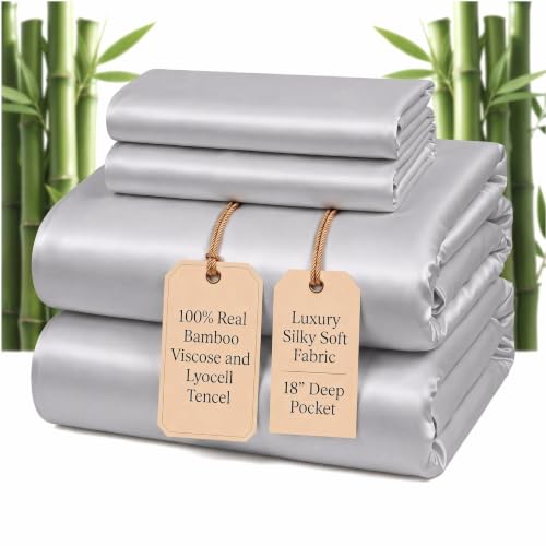 Pillcase 100% Real Bamboo Viscose & Lyocell Tencel Sheets Set King Size | Breathable & Cooling for Hot Sleeper | Luxury Silky Soft Fabric | 18" Deep Pocket with Corner Straps (Charcoal, King)