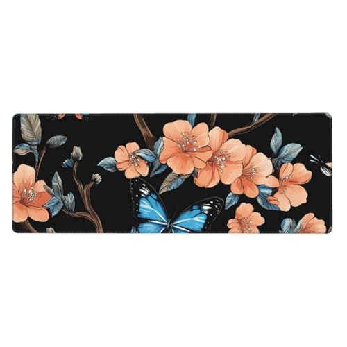 Tapis de souris de jeu XXL 80x30 cm à motif fleurs de pêcher avec base en caoutchouc