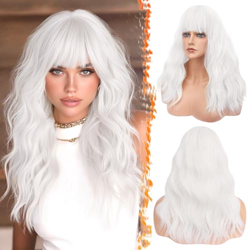 BARSDAR Blanc Perruque avec Frange, 46cm Ondulée Perruque avec Frange pour Femmes Pastel Moelleuse Bouclée Synthétiques Cheveux Perruques Résistantes à la...