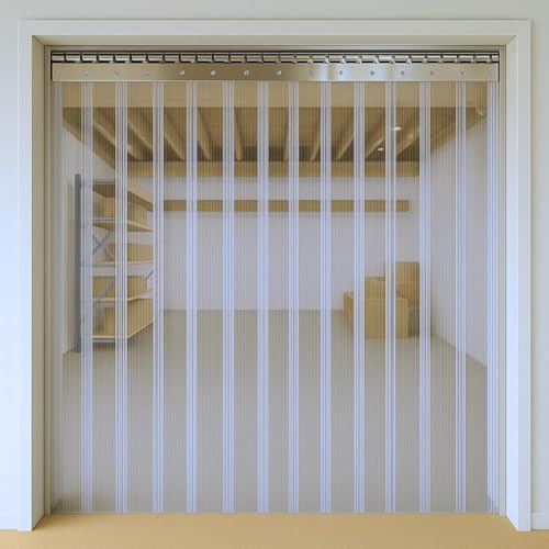 Image of Byson PVC Strip Curtain Door Kit 10 x 10 Feet (3 x 3 Meters) Coldroom Warehouse Catering Vinyl Ribbed Plastic Curtain Kit with 20 Strips (2mm Thick and 200mm Wide)