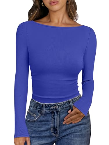Image of ANRABESS Women's Boat Neck Long Sleeve Shirts Rib Knit Slim Fitting Tops Basic Tees 2026 Casual Comfy Fall Outfits Clothes