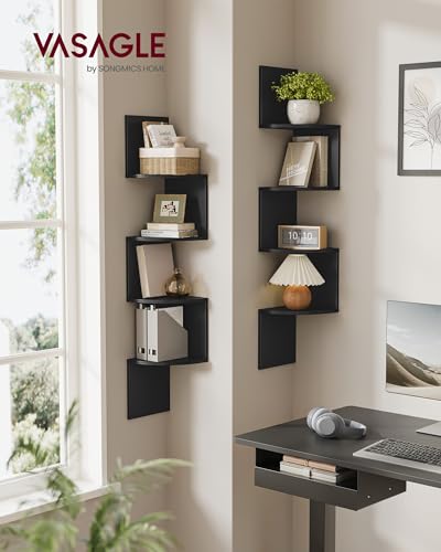 Image of VASAGLE CUSTOS Collection - Set of 2 Corner Shelves Wall Mount, 4-Tier Floating Corner Bookshelves, Plant Shelves for Bedroom, Living Room, Bathroom, Home Office, Ink Black ULBC704BC01S