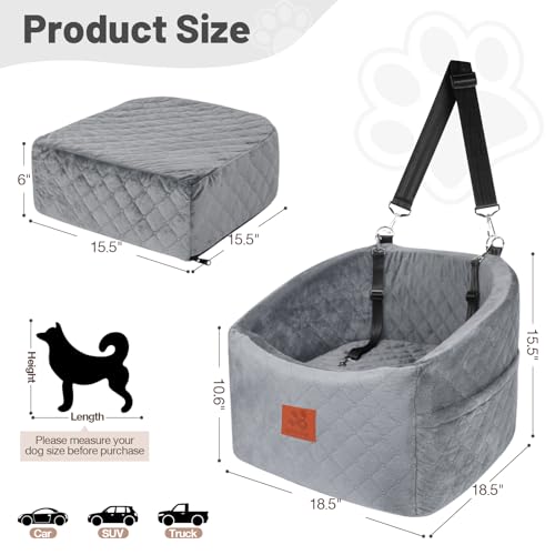 HEGGOOE Hunde Autositz für Kleine/Mittlere Hunde, Memory-Schaum Erhöhter Hundesitz Auto, Abnehmbar & Waschbarer Hundebett Auto mit Aufbewahrungstaschen und Sicherheitsleinen