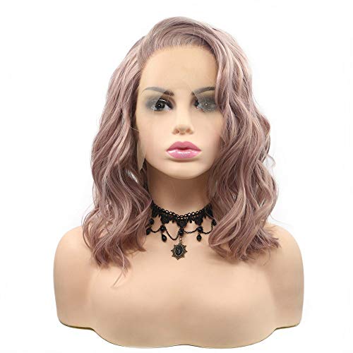Smoky Pink/Lavender Purple/White Blonde Wig Short Wave Hair Heat Resistant Synthetic Lace Front Wigs For Women Girls Summer Cosplay Drag Queen Wig Natural Hairline Side Part 14" (Smoky Pink)