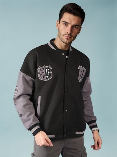 Image of CHKOKKO Men's Oversized Varsity Jacket with Snap Button Closure and Patch Design Trendy Comfortable Outerwear for College Travel and Casual Wear