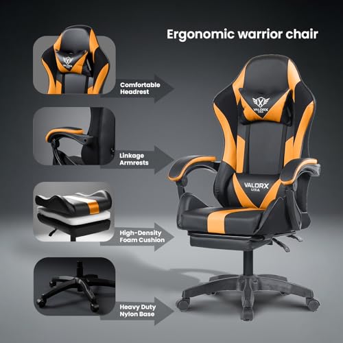 Image of Warrior 2026 Edition Gaming & Office Ergonomic Chair | Vegan Leather | High Back 135 Recliner | Adjustable Height & Linkage Armrest| Lumbar Support | 360 Swivel | 3 Year Warranty, Orange