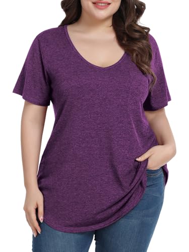 BELAROI Women Plus Size V-Neck Tunic Tops Loose T Shirt with Pocket (2X, D-Dark Purple)