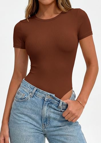PRETTYGARDEN Body Suits for Womens Short Sleeve Summer Tops, Camel,S — view 6