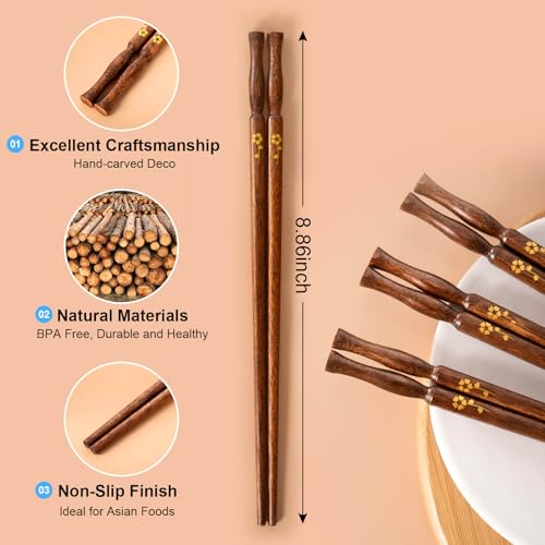 Image of MFJUNS 5 Pairs Solid Wood Chopsticks Set, Vase-Shaped Top with Flower Print, Non-Slip No Paint No Wax, Reusable Wood Chop Sticks for Kitchen Dining Sushi Ramen Gifting