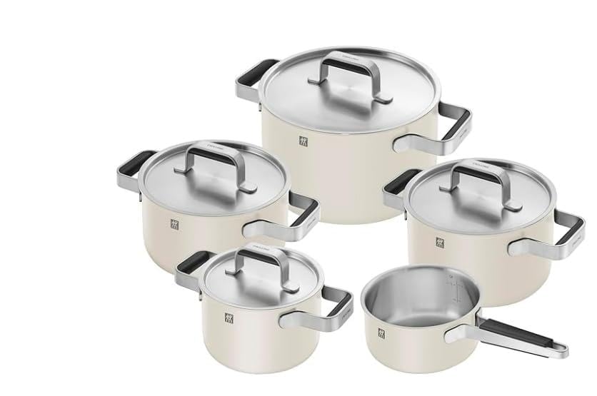 ZWILLING PURE - Juego de 5 cacerolas (5 piezas, acero inoxidable 18/10, revestimiento exterior de cerámica, asas Stay Cool), color blanco