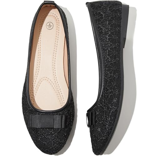 Shupua Flats for Women Lace Ballet Flats Dressy Comfortable Ballerina Flats Low Heel Wedding Flats Shoes Round Toe Flats for Bide, Ladies, Girls